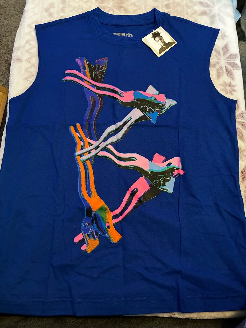 Target Men’s Royal Blue Graphic Muscle Tee with Pink Orange Accents